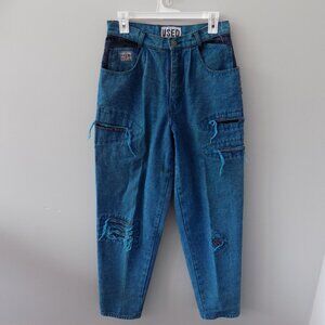 Turquois and Black Distressed 90's Style Women's Denim Pants - Size 32